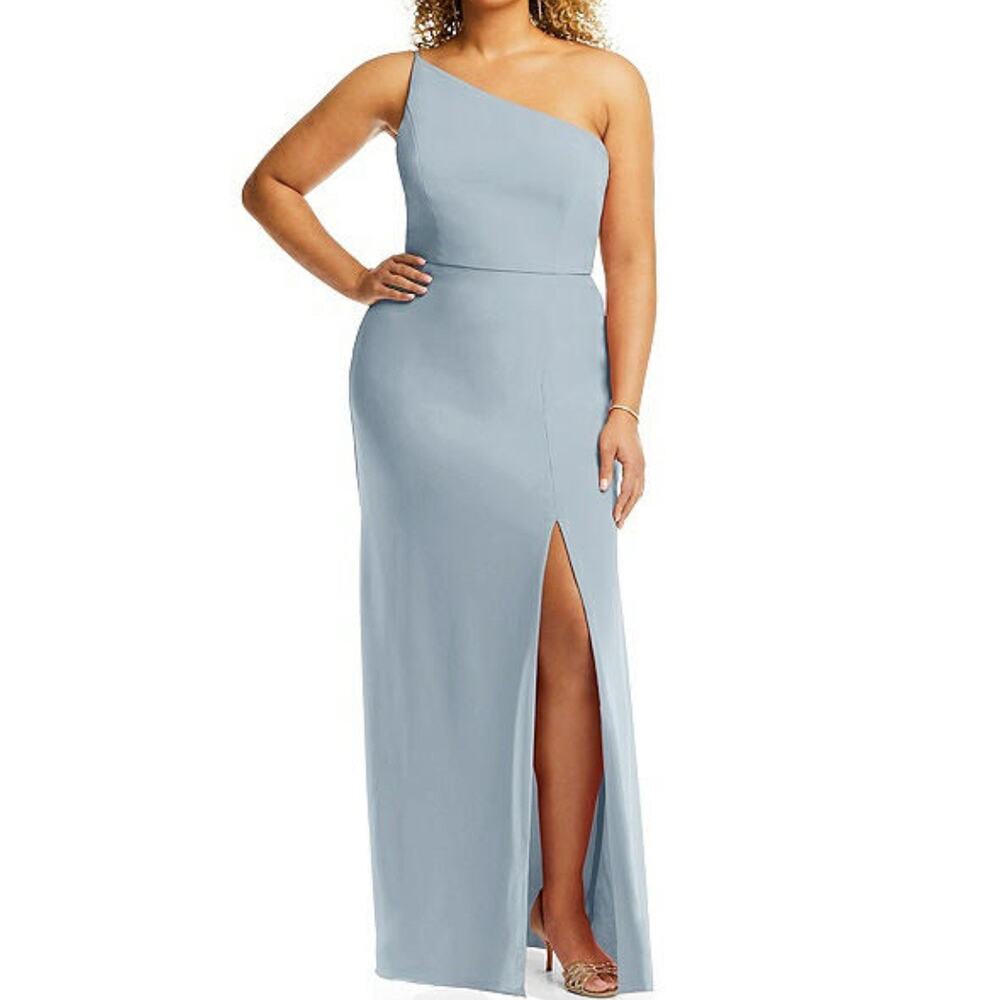 NWT After Six 1544 Size 18 R1 Mist Light Blue Thin One Shoulder Maxi Dress Crepe